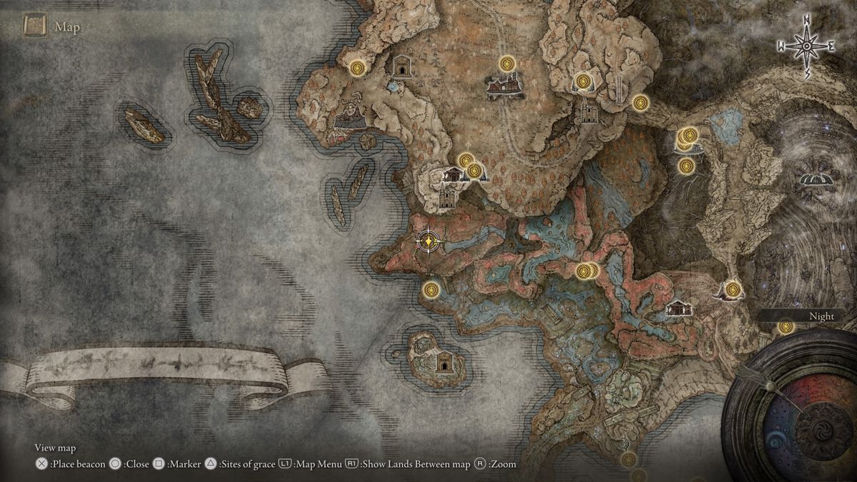 A screenshot of the Elden Ring: Shadow of the Erdtree map, highlighting the location of the Glovewort Crystal Tear and its Furnace Golem in Charo's Hidden Grave