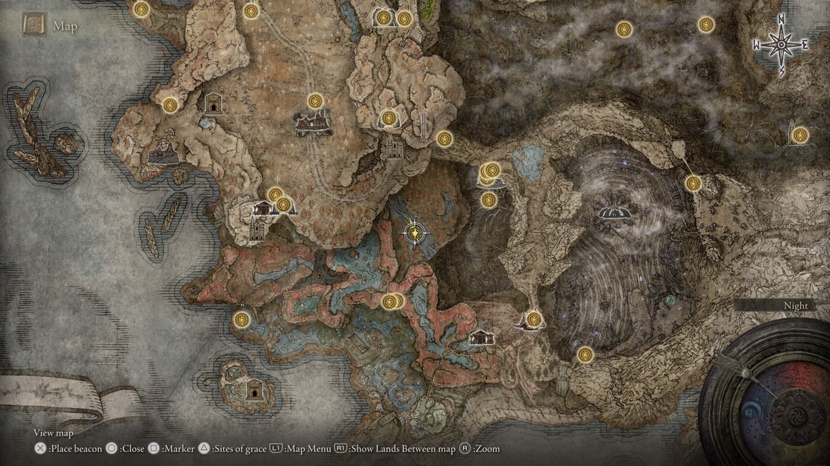 A screenshot of the Elden Ring: Shadow of the Erdtree map, highlighting the location of the Viridian Hidden Tear crystal rift and its Furnace Golem in Charo's Hidden Grave