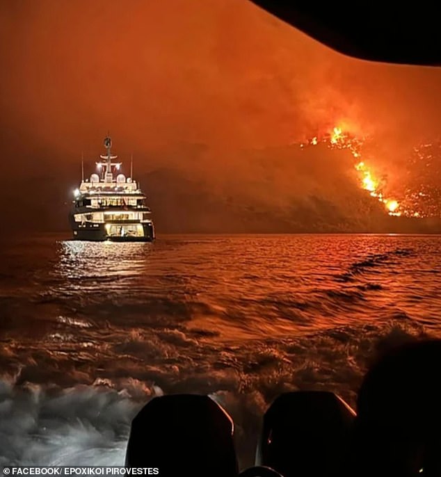 A terrifying forest fire has broken out on a Greek island after fireworks were shot off from a yacht