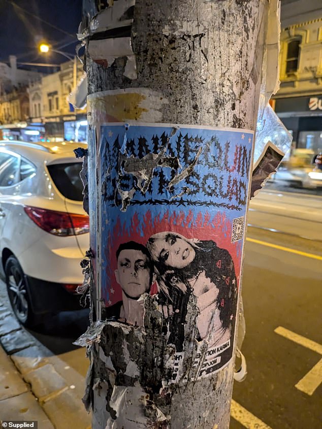 Dozens of posters for her band on Sydney Road in Brunswick Street were systematically damaged overnight, removing all information about their upcoming Bergy Bandroom gig on July 6.