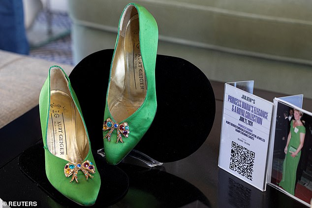 A few standout pieces include a pair of Kurt Geiger's emerald green satin evening shoes with bejeweled vamps, estimated to sell for between $2,000 and $4,000.
