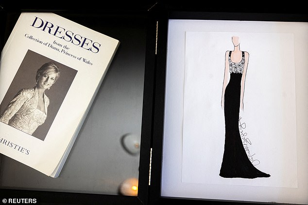 Pictured: An embellished 1995 black eveningwear illustration by Jacques Azagury is shown at Julien's Auctions: 'Princess Diana's Elegance and Royal Collection'