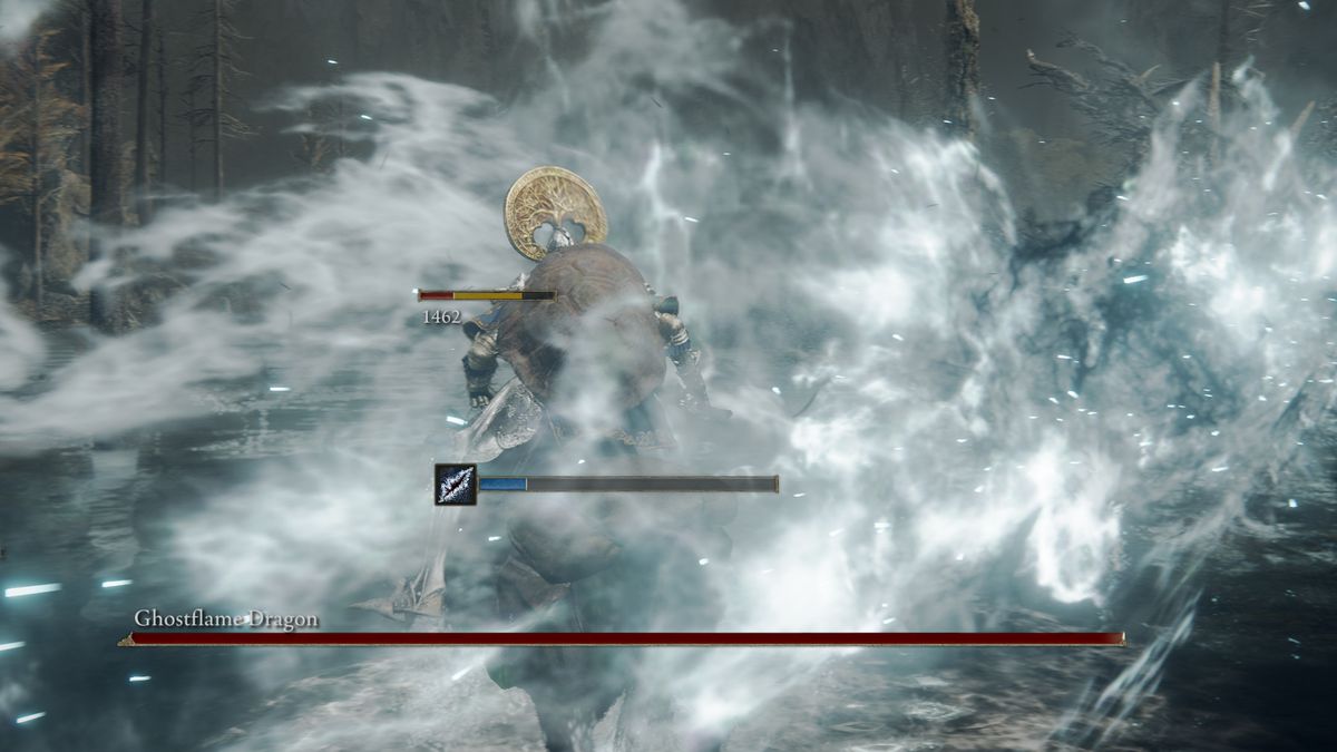 A Ghostflame dragon breathes ghost flame during an Elden Ring DLC ​​boss battle.