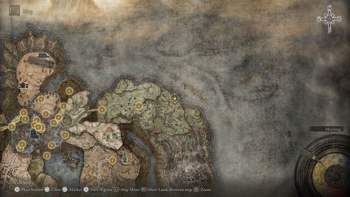 A screenshot of the Elden Ring: Shadow of the Erdtree map, showing the location of the Remembrance duplication site in Finger Ruins of Dheo near Fingerstone Hill