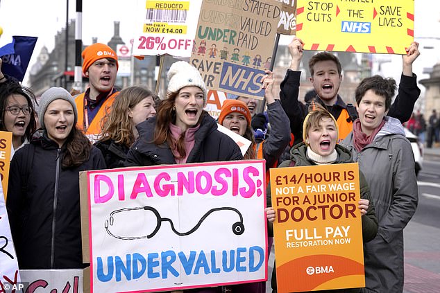 Junior doctors hold signs as they stand at a picket line outside St Thomas' Hospital in Westminster, London, Monday, March 13, 2023