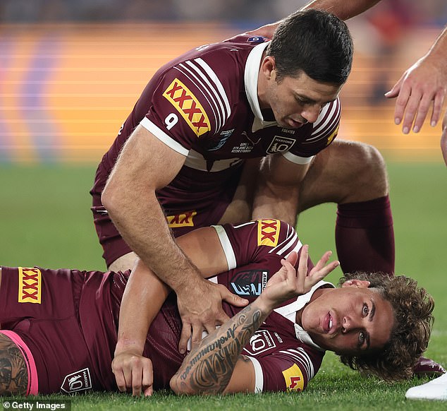NSW Blues center Joseph Sua'ali'i was sent off just seven minutes into Origin 1 after taking down Reece Walsh (pictured) when his shoulder collided with the Queensland fullback's head