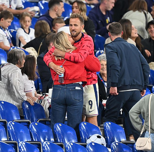 The England players catch up with their families after matches, with Harry Kane pictured embracing his wife Kate
