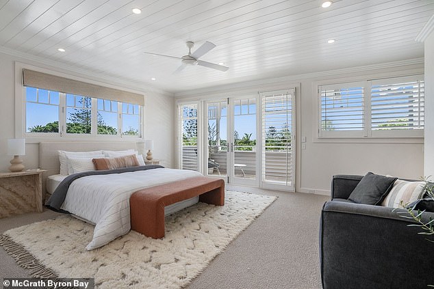 The renovated six-bedroom property (one of the bedrooms pictured) dates back to the 1880s and is located in what is called Byron Bay's 'Golden Grid'.