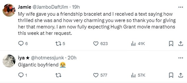 Fans took to the comments section, with one revealing how their wife was touched when she presented Hugh with a friendship bracelet
