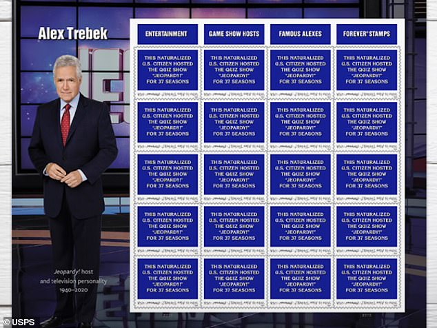 A panel of 20 identical stamps is designed to appear on the Jeopardy! video monitors with categories at the top including: 