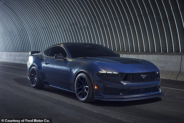 The 2024 Mustang Dark Horse is equipped with a 500-horsepower V8.  The Dark Horse is the most powerful Mustang for 2024 and costs $60,530