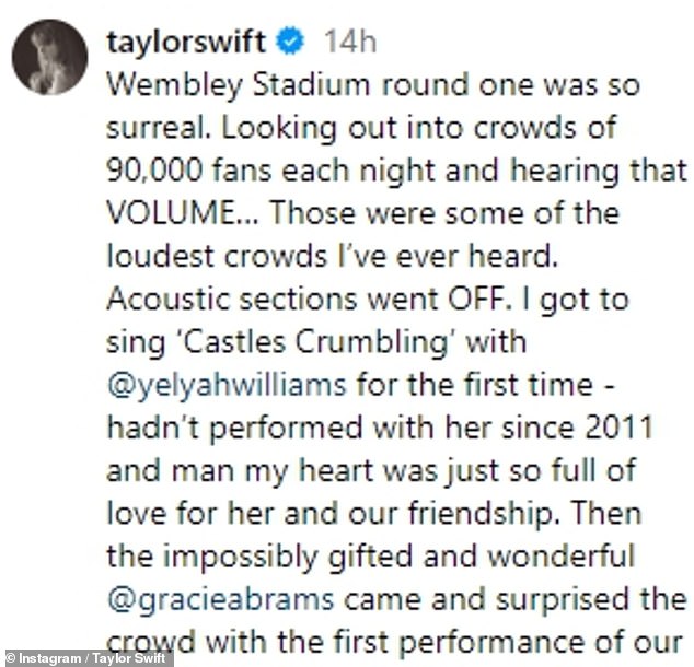 1719313425 694 Taylor Swift pays tribute to her Wembley fans after surreal
