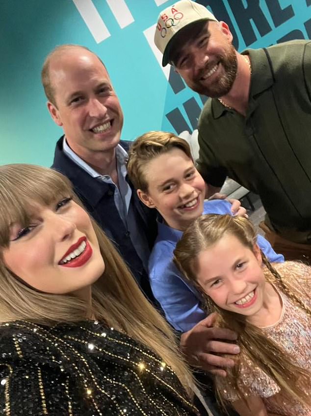 Taylor has 'launched her relationship hard' by posting an adorable photo of her and Travis posing with the Prince of Wales and his two children: Prince George and Princess Charlotte.  Fans labeled the star-studded selfie 'iconic'