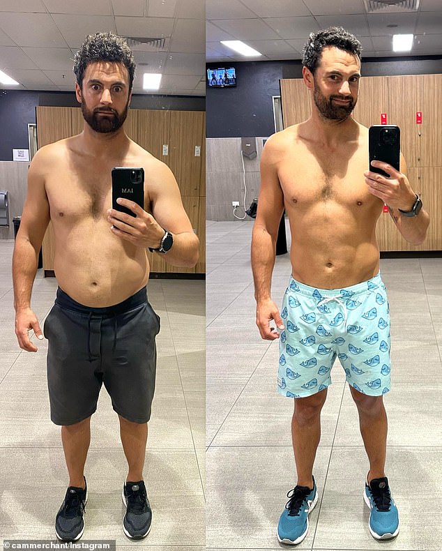 Cameron Merchant (pictured) shared a before and after photo to his Instagram on Tuesday showing how far he had come in his health kick.  The 40-year-old explained that he had spent a year getting fit and replaced his spare tire with a six-pack