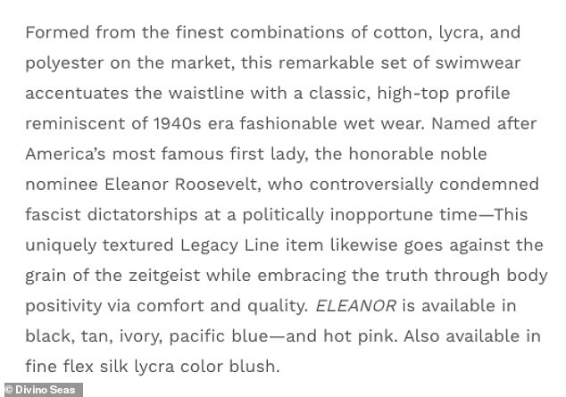 The product description for the £76 top reads: 'Named after America's most famous first lady, the honorable noble nominee Eleanor Roosevelt, who controversially condemned fascist dictatorships at a politically inopportune time'