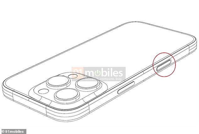 Renders obtained by 91mobiles show the upcoming iPhone 16 Pro with the new Capture button (circled in red) right below the existing power button