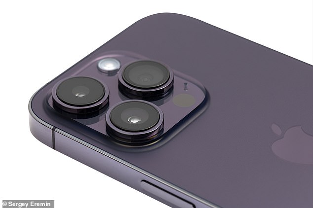 The Pro and Pro Max versions of the iPhone have long had three camera lenses arranged in an 'arrow' alignment - two on the left and one on the right (pictured).  But since 2021, standard iPhone versions have two lenses facing diagonally towards each other