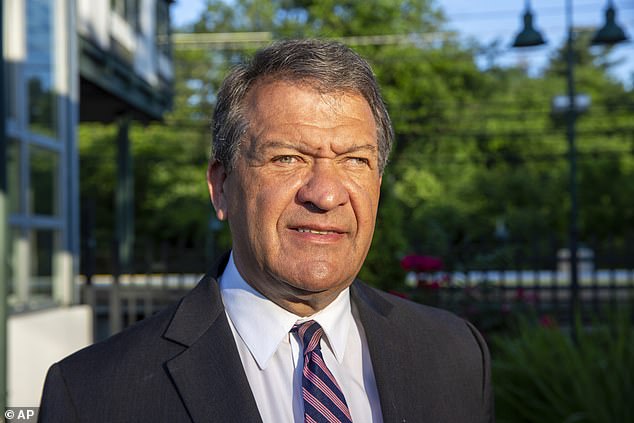 Westchester County Executive George Latimer campaigns at a train station in White Plains, New York, on Thursday, June 13.  Latimer is running in the Democratic primary against incumbent Jamaal Bowman to represent New York's 16th Congressional District in the U.S. House of Representatives.