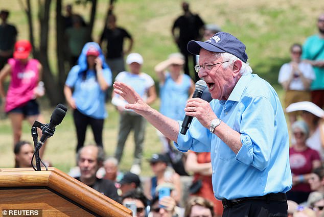 Senator Bernie Sanders addresses the crowd at Bowman's campaign rally