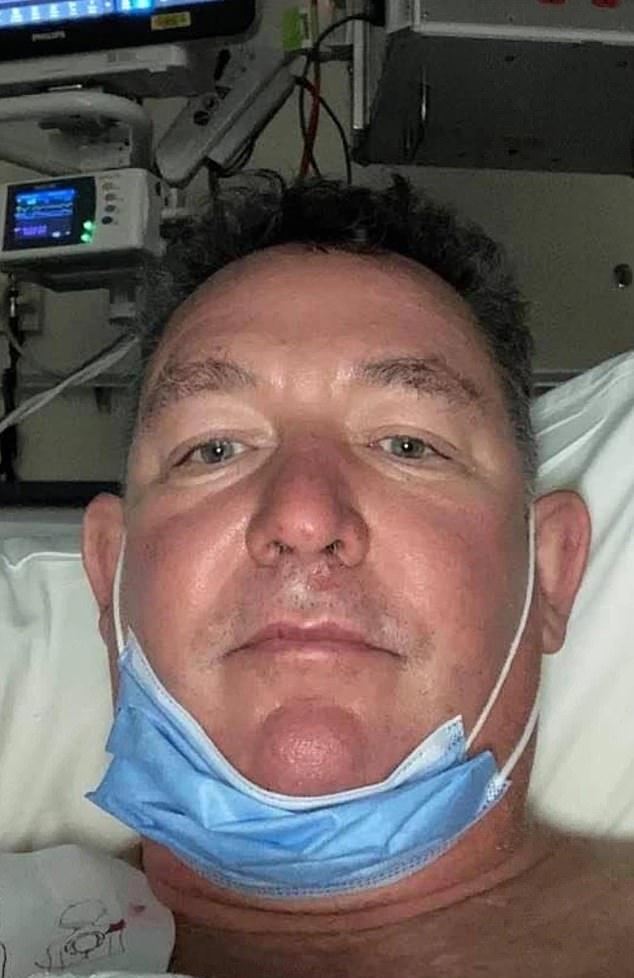 Lynn (pictured) also shared a photo of himself from his hospital bed with a mask pulled over his face after suffering a nasty reaction to a bee sting