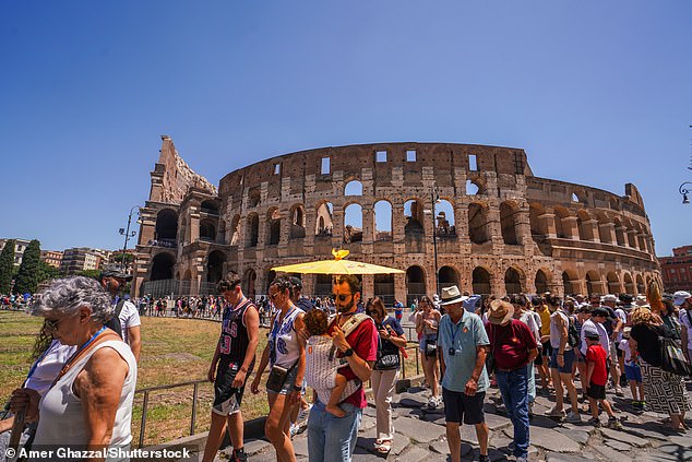 Tourists in Rome brave the heat wave in Rome.  Italy has been experiencing a heatwave in recent days, with temperatures rising as high as 40 degrees Celsius in some parts of the country.