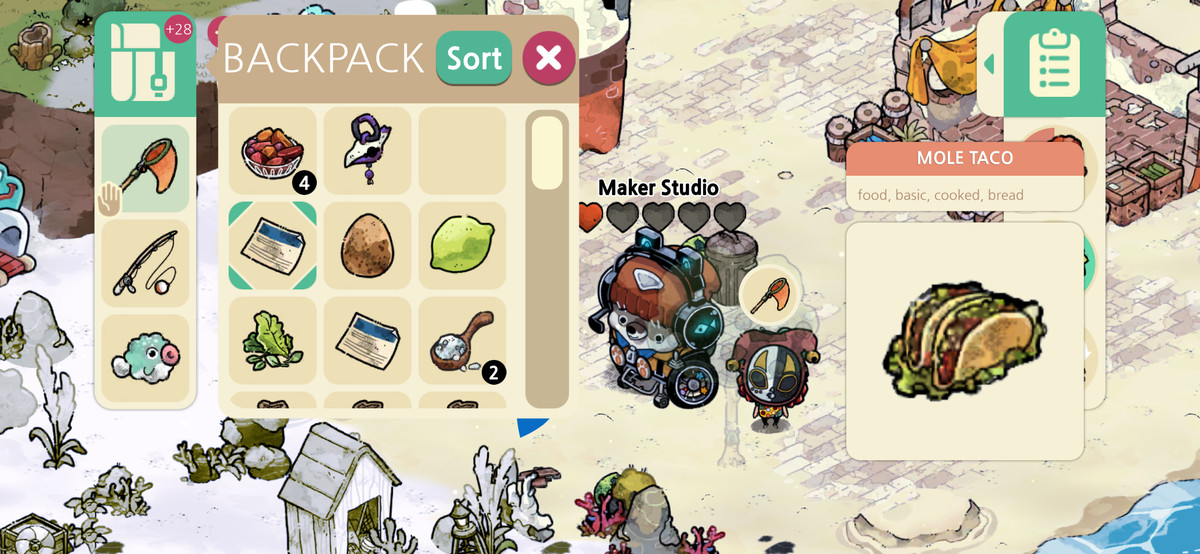 Cozy Grove: Camp Spirit UI shows the backpack open and a mole taco image overlapping with the task management bar.