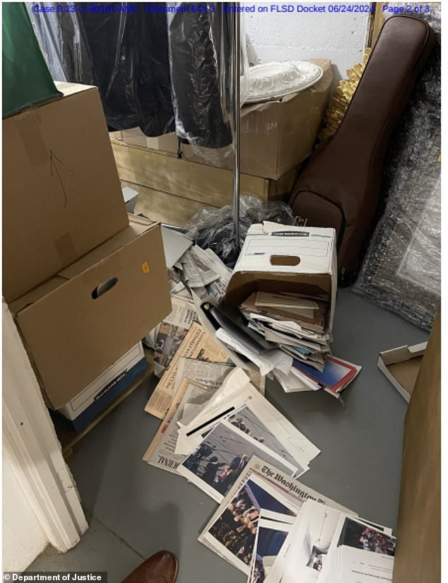 One of the photos taken by Trump Valet Walt Nauta in December 2021, showing boxes toppled and contents spilling onto the floor