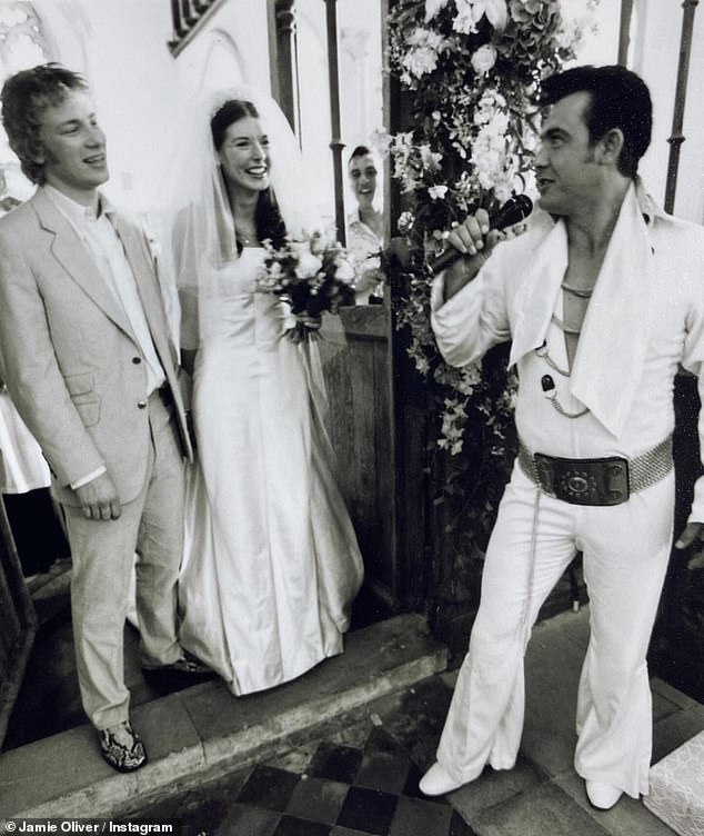 Jools, who idolizes Elvis Presley, was seen walking down the isle in the Las Vegas chapel - 23 years after they married in 2000 (pictured on their wedding day in 2000)