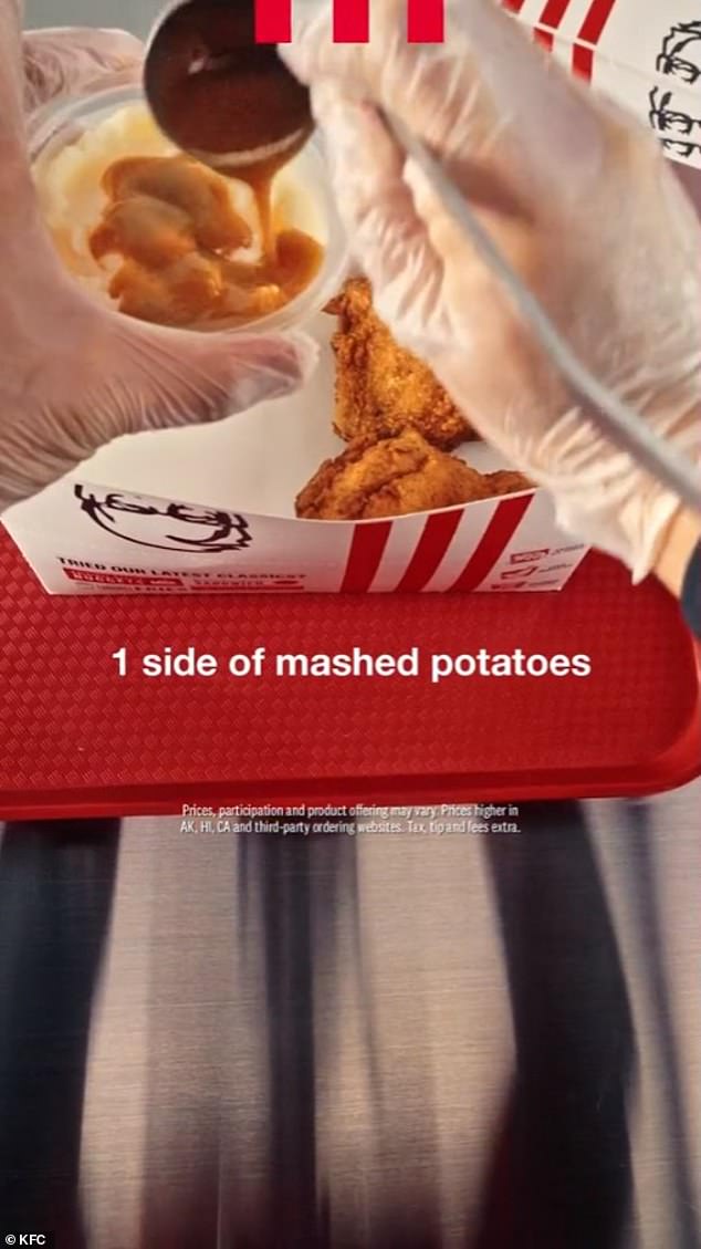 The video ad showed viewers how to quickly grab a $4.99 KFC Meal for One, which comes with a drumstick, a thigh, mashed potatoes with gravy and a biscuit.