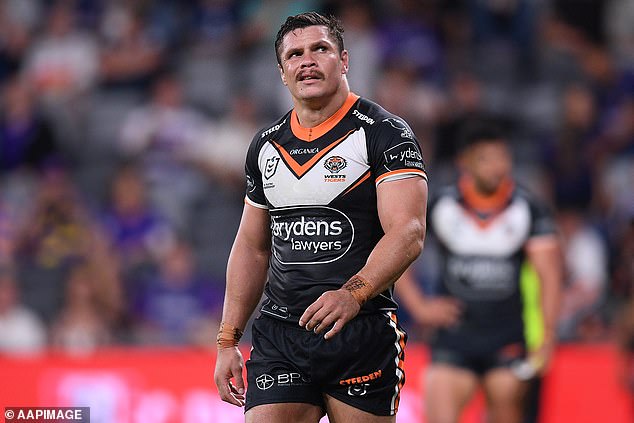Roberts, 31 (pictured while playing for Wests Tigers) has been living on Centrelink payments for six months, court heard