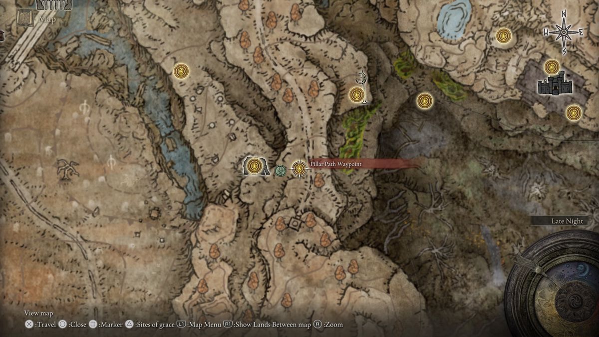 A screenshot of the Elden Ring: Shadow of the Erdtree map showing the location of Pillar Path Waypoint and the NPC Igon