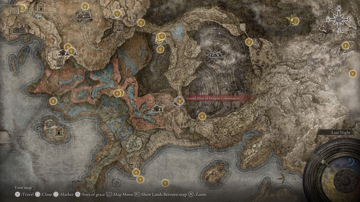 A screenshot of the Elden Ring: Shadow of the Erdtree map showing the location of the Grand Altar of Dragon Communication