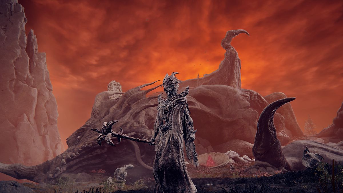 An affected warrior in dragon form after using the Priestess Heart and holding the Flowerstone Gavel, in a screenshot from Elden Ring: Shadow of the Erdtree