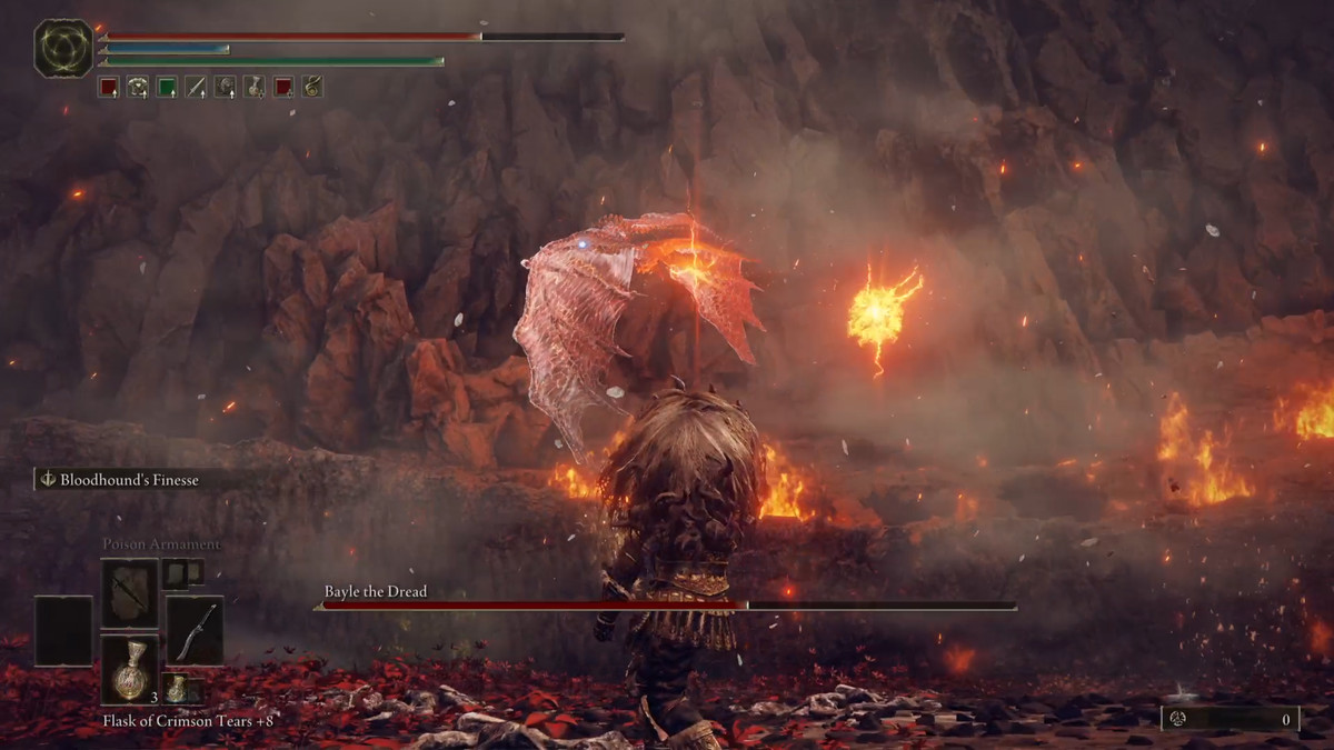 Bayle the Dread performs an airstrike during an Elden Ring DLC ​​boss battle.