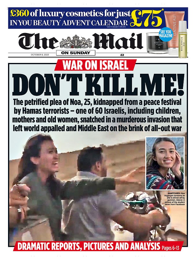 The front page of Mail On Sunday after the October 7 attacks - with Noa's plea 'Don't kill me'