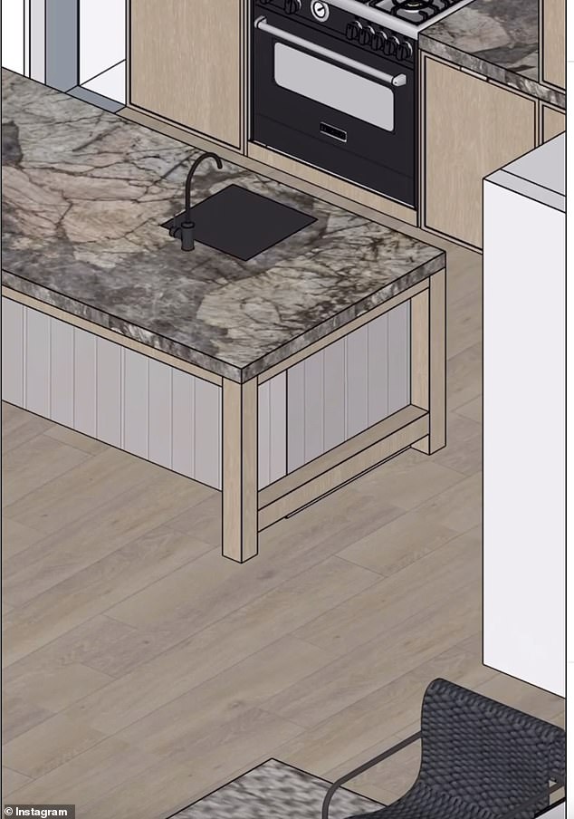 Bec said the new pad will feature Patagonia, a quartzite stone from South America and supplied by Melbourne company Signorino.  In the photo: a designer's impression of the completed kitchen with a breakfast island