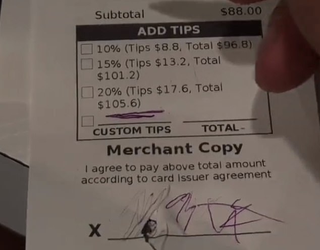 He is seen leaving a $0 tip on an $88 bill