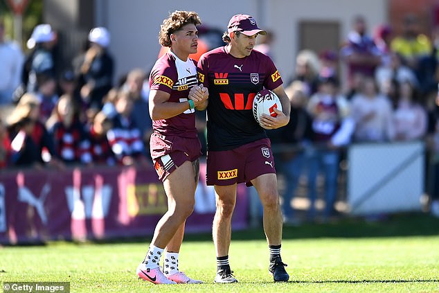 Slater had one of the tougher moments of his Origin coaching career when Reece Walsh (pictured together) suffered a shocking tackle in game one this year