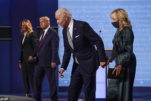 Melania Trump (left) and Dr.  Jill Biden (right) join their spouses, President Donald Trump (center left) and Democratic candidate Joe Biden (center right) at the end of the 2020 Cleveland debate. The debate had a small audience due to COVID 19
