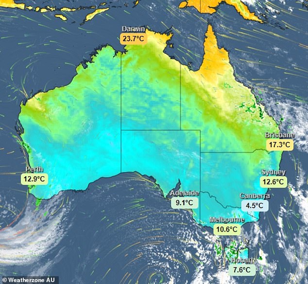 A low pressure system is moving inland and towards south-west WA and the Pilbara region, with rainfall between 15mm and 40mm (photo, a weather zone map)