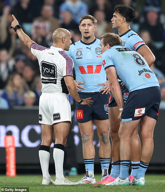 SYDNEY, AUSTRALIA – JUNE 05: Joseph-Aukuso Sua'ali'i of the Blues is sent off by referee Ashley Klein for his dangerous tackle on Reece Walsh of the Maroons during match one of the 2024 Men's State of Origin Series between New South Wales Blues and Queensland Maroons at Accor Stadium on June 5, 2024 in Sydney, Australia.  (Photo by Matt King/Getty Images)