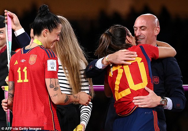 Rocio Galvez is congratulated by the president of the Royal Spanish Football Federation Luis Rubiales (R) next to Spain's Jennifer Hermoso after winning the Women's World Cup