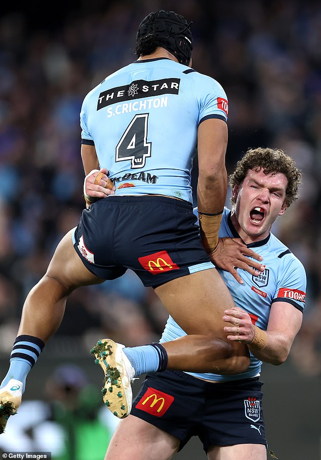 The Blues' Liam Martin (right) celebrates with Stephen Crichton after scoring the first try in game two at the MCG