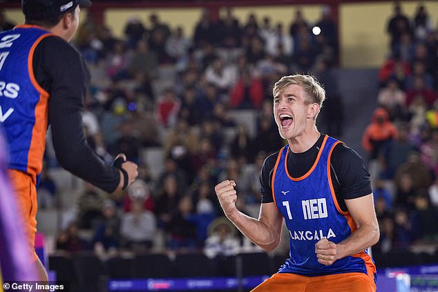 Van de Velde was 19 when he flew from the Netherlands to the United Kingdom in August 2014 to meet the schoolgirl.  Here he is seen celebrating at the 2023 Beach World Champs