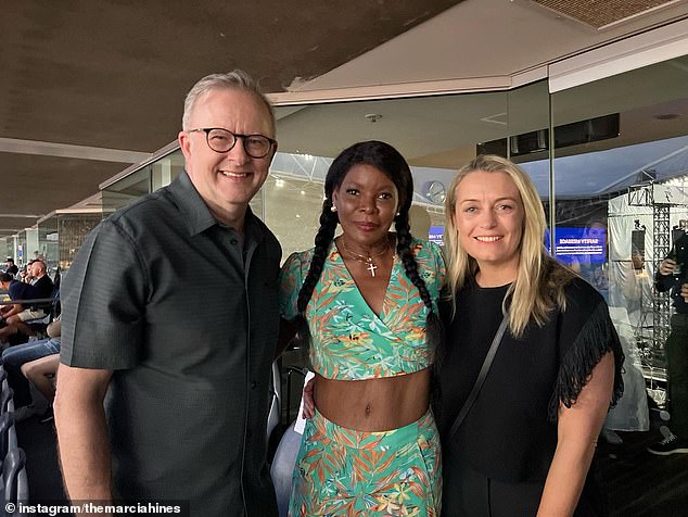 Anthony Albanese (left) and his fiancée Jodie Haydon (right) are pictured with Australian musician Marcia Hines (center) at a Foo Fighters concert