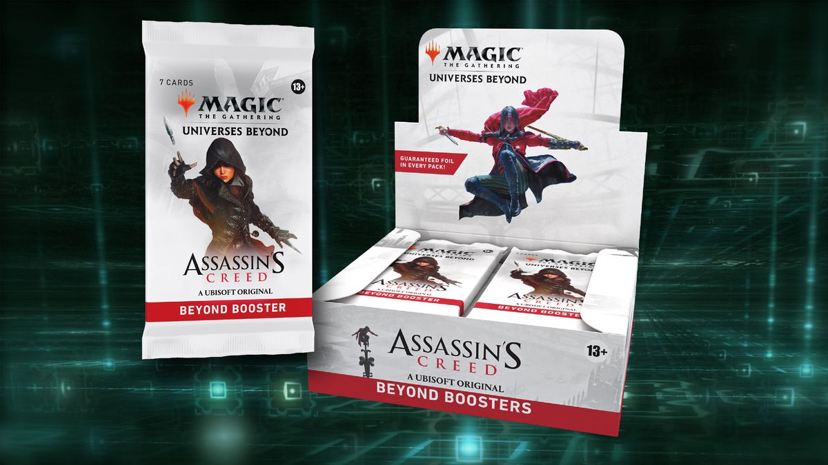 A stock photo of the Assassin's Creed Universes Beyond booster box for Magic: The Gathering