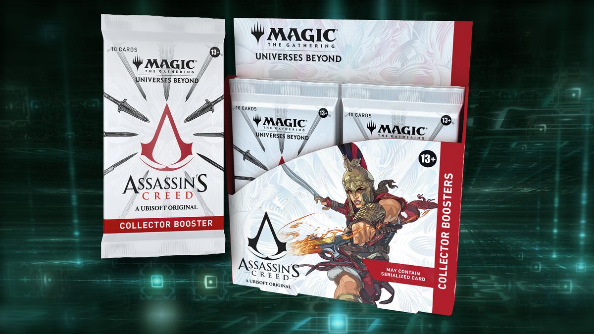 A stock photo of the Assassin's Creed Universes Beyond Collector Boosters box for Magic: The Gathering