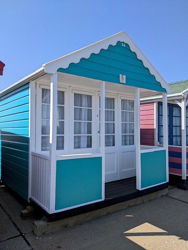 Painted in a light blue shade, this charming beach hut in Southwold on the Suffolk coast costs just £81 per day and comes equipped with a small hob, as pictured below.  But beware of the high cleaning fee of £16