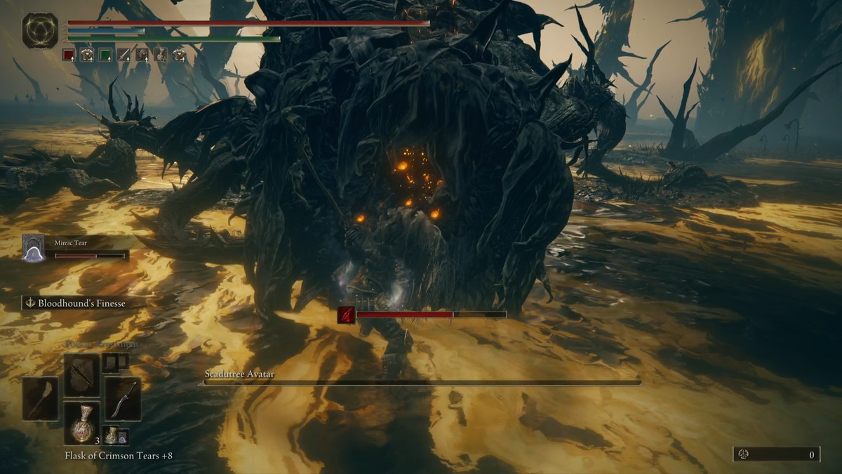 An Elden Ring DLC ​​player makes a visceral attack on the Scadutree Avatar boss fight.