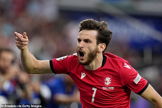 Georgia's shock win over Portugal meant England were paired with Slovakia in the next round.  In the photo: star player Khvicha Kvaratskhelia celebrates scoring the opener on Wednesday evening